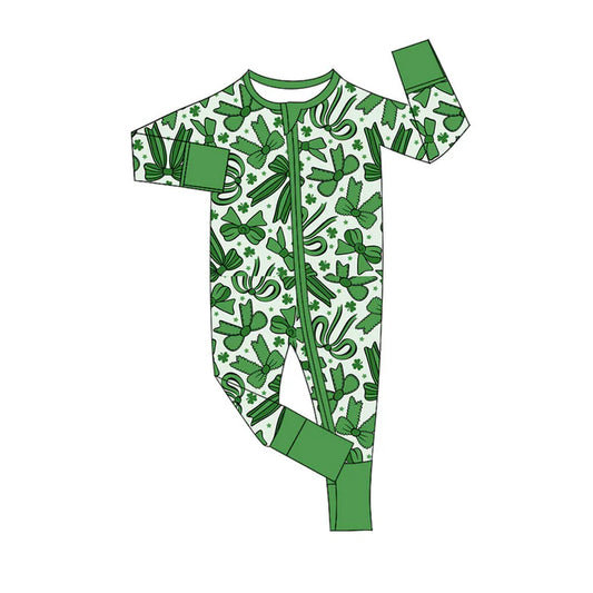 Preorder (moq 8)Baby Boys Bows Clovers St Patrick Zipper Footie Rompers 9.20
