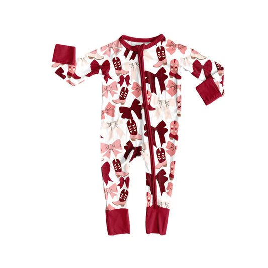 Preorder (moq 5)Baby Girls Red Pink Bows Boots Valentine Zipper Footie Rompers 9.3