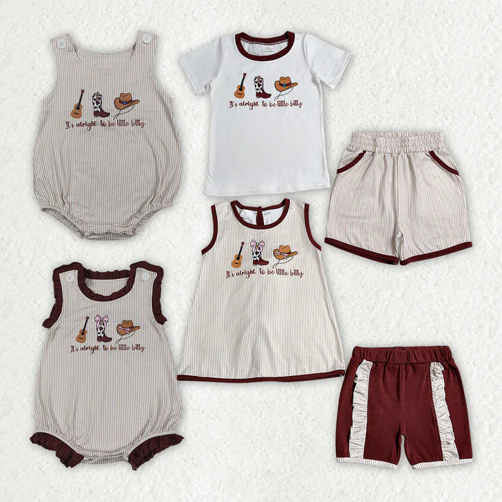 Sibling Baby Kids It's Alright to Be Little Bitty Stripe Top Short Western Clothes Set Rompers