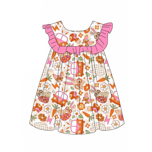 Preorder(moq 5) Baby Girls Rabbits Eggs Flowers Easter Knee Length Dresses 11.19