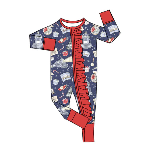 Preorder (moq 5)Baby Girls Gifts Candy Cane Christmas Ruffle Zipper Footie Rompers 9.4