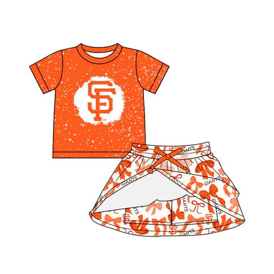 Preorder (moq 5)Baby Girls Orange Short Sleeves SF Top Giants Bows Plaid Shorts Team Set 6.14