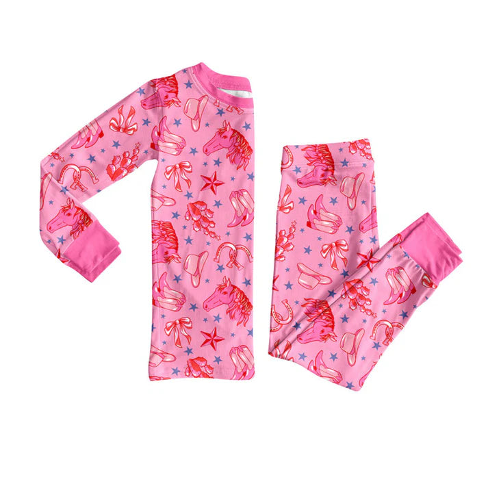 Preorder(moq 8)Baby Girls Pink Horses Boots Hats Top Pants Western Pajamas Set 10.1