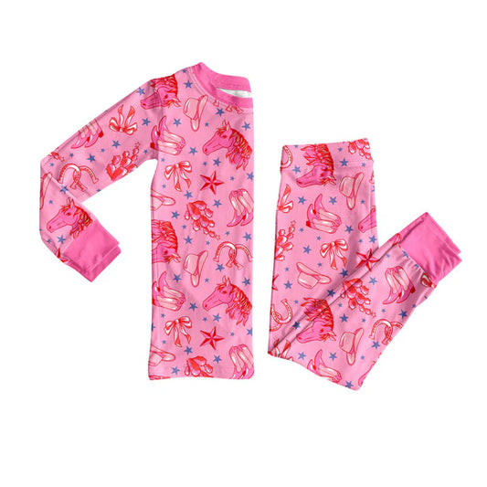 Preorder(moq 8)Baby Girls Pink Horses Boots Hats Top Pants Western Pajamas Set 10.1
