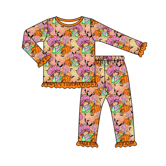 Preorder (moq 5)Baby Girls Orange Pumpkins Bats Top Ruffle Pant Halloween Pajamas Set 8.1