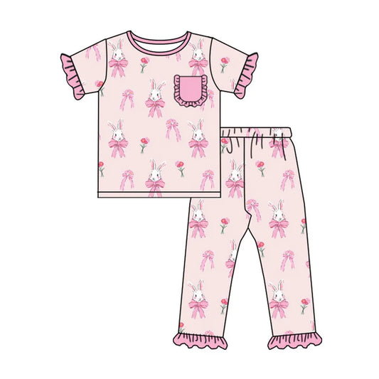 Preorder (moq 8)Baby Girls Pink Flowers Rabbits Top Ruffle Pants Easter Pajamas Sets 9.16