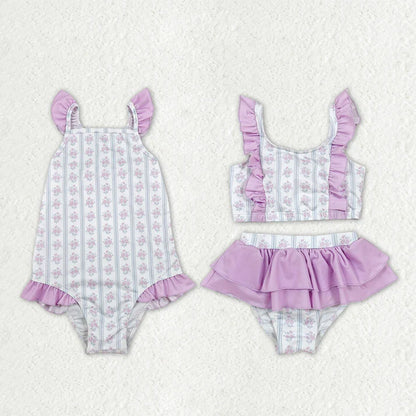 Sibling Baby Girls Lavender Flowers Stripe Swimsuits