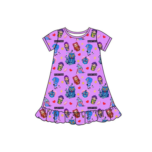 Preorder(moq 5) Baby Girls Short Sleeve Cartoon Girls Hearts Ruffle Knee Length Dresses 10.10