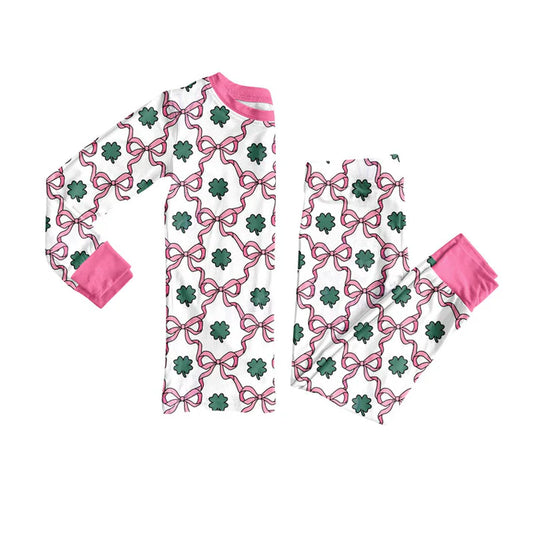 Preorder(moq 5) Baby Girls Pink Bows Clovers Checked Top Pants St Patrick Pajamas Sets 10.9