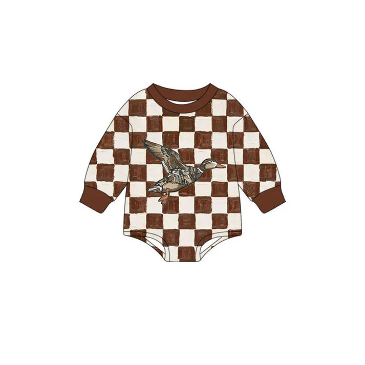 Preorder (moq 5)Baby Boys Brown Checked Ducks Hunting Long Sleeve Rompers 10.23