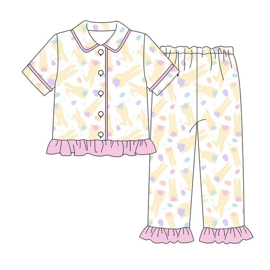 Preorder (moq 8)Baby Girls Yellow Rabbits Button Top Ruffle Pants Easter Pajamas Sets 9.15