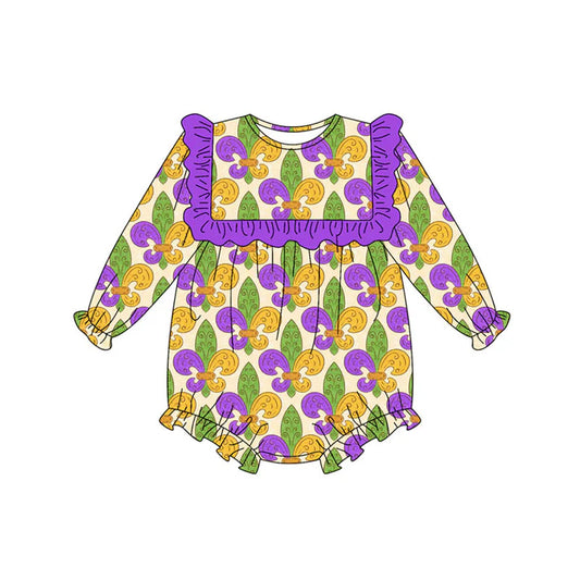 Preorder (moq 8)Baby Girls Purple Yellow Green Mardigras Ruffle Sleeve Rompers 9.10