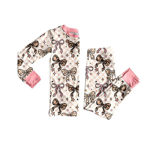 Preorder (moq 8)Baby Girls Bows Stars Checked Top Pants Pajamas Sets 9.8