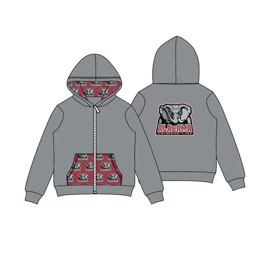 Preorder (moq 5)Baby Boys Gray Alabama Elephants Team Pocket Zipper Hoodies Tops 8.2