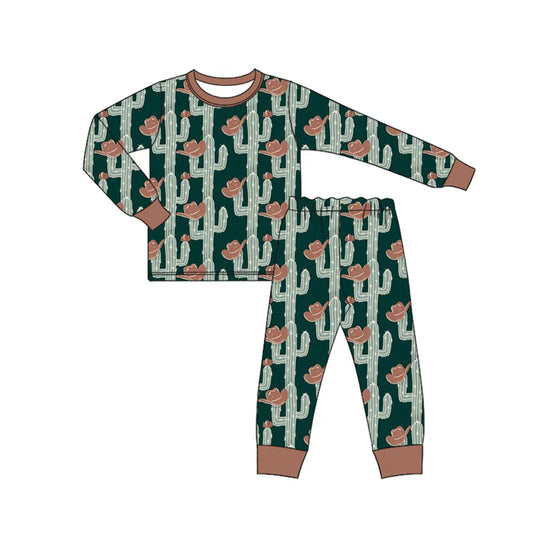 Preorder (moq 5)Baby Boys Dark Green Long Sleeves Hats Cactus Top Pant Pajamas Set 6.13