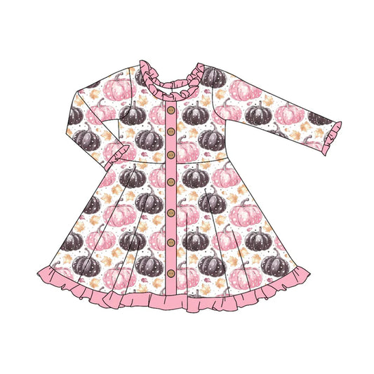 Preorder (moq 5)Baby Girls Pink Long Ruffle Sleeves Pumpkins Leaves Plaid Button Knee Length Dresses 6.2