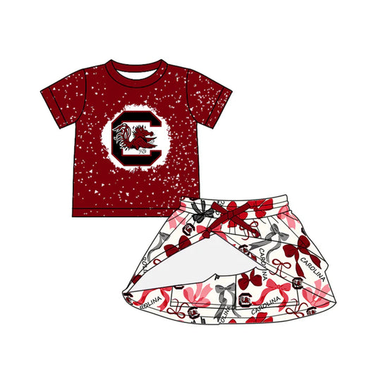 Preorder (moq 5)Baby Girls Dark Red Short Sleeves Carolina Top Bows Plaid Skorts Team Set 6.14