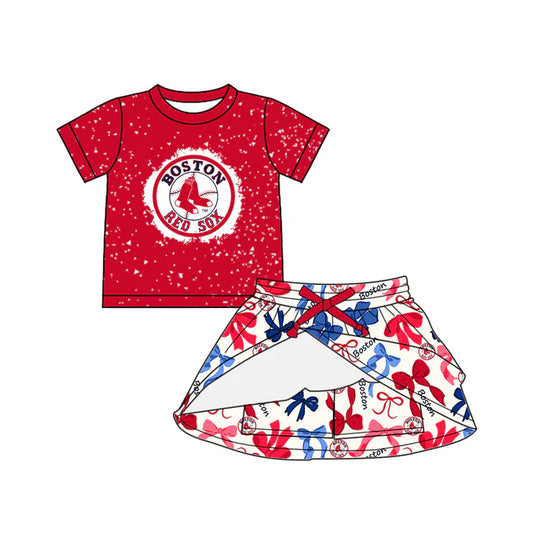 Preorder (moq 5)Baby Girls Red Short Sleeves Boston Top Blue Bows Plaid SKort Team Set 6.14