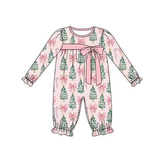 Preorder (moq 5)Baby Girls Long Ruffle Sleeves Pink Bows Trees Candy Cane Pant Rompers 5.28