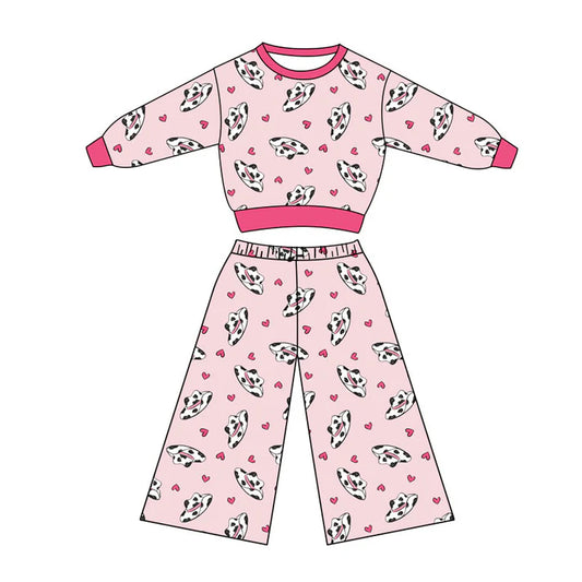 Preorder(moq 5) Baby Girls Howdy Cow Print Hats Hearts Top Flare Pants Western Clothes Sets 10.27