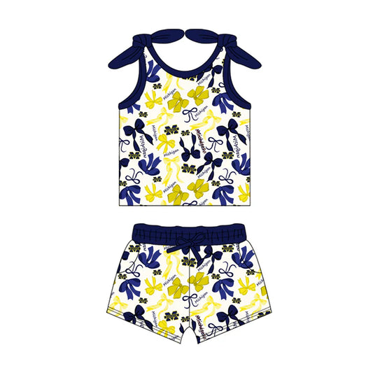 Preorder MOQ 5 pcs sleeveless M navy yellow bow top shorts girls team clothes 8.23