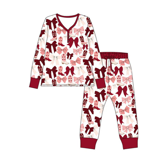 Preorder (moq 8)Baby Girls Pink Red Bows Heart Boots Button Top Pants Pajamas Sets 9.18