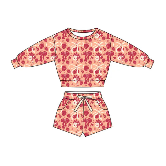 Preorder(moq 5) Baby Girls Bows Strawberry Long Sleeve Top Pockets Shorts Clothes Sets 11.4