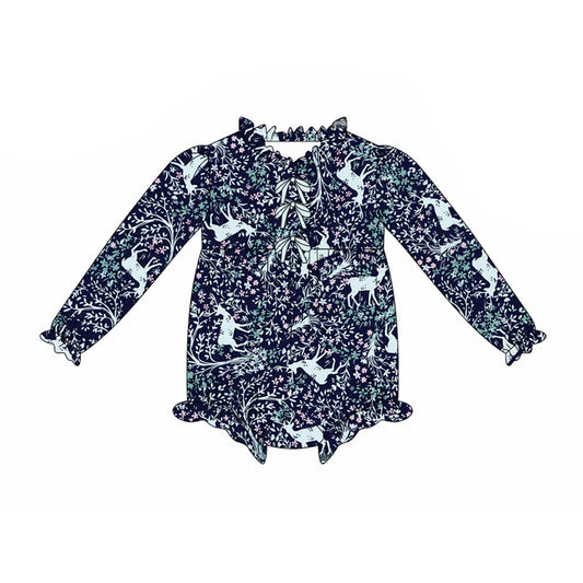 Preorder(moq 5)Baby Infant Girls Blue Floral Deer Plaid Button Ruffle Rompers 8.16