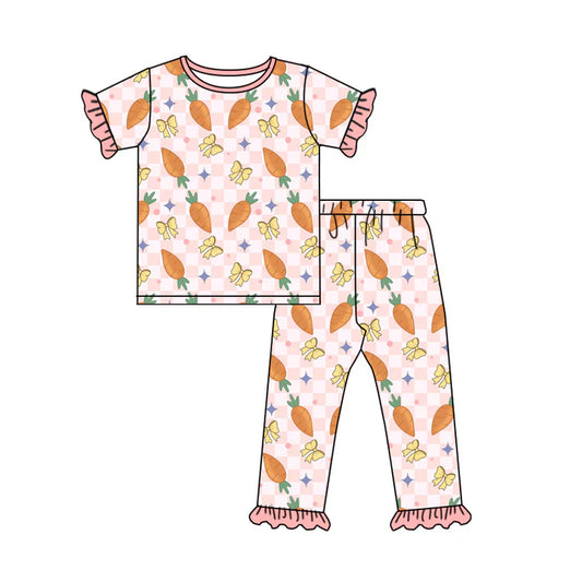 Preorder (moq 5)Baby Girls Peach Checked Carrots Bows Top Ruffle Pants Easter Pajamas Sets 12.16