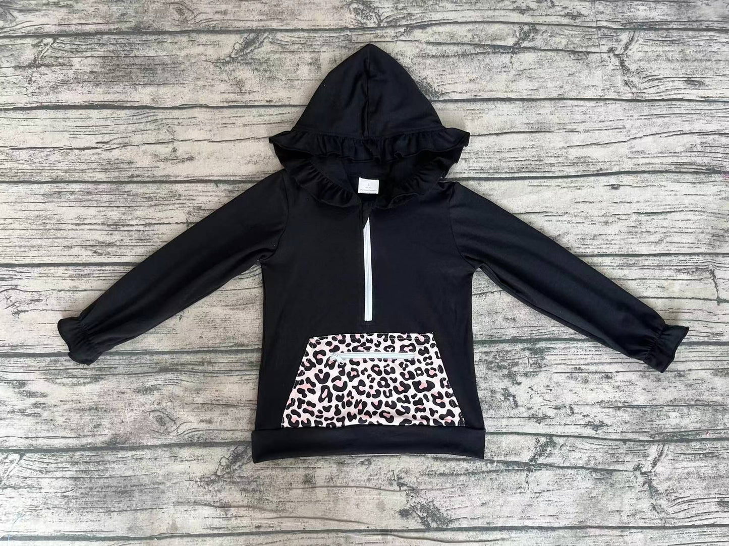 Baby Girls Clothes Tops Black Ruffle Hooded Leopard Pocket Long Sleeve Tops Preorder GT0624