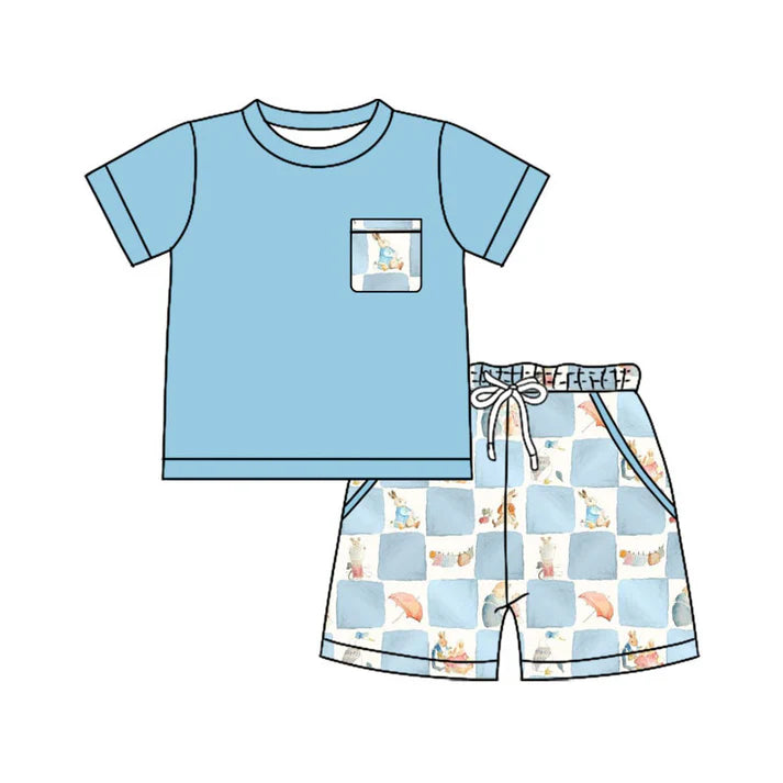 Preorder(moq 5) Baby Boys Short Sleeve Top Rabbits Checked Pockets Shorts Easter Clothes Sets 11.18