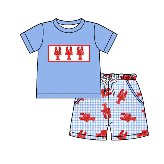 Preorder(moq 5) Baby Boys Blue Short Sleeve Crayfishes Top Pockets Checked Shorts Clothes Set 11.4
