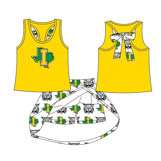 Preorder (moq 5)Baby Girls Yellow I bow vest team Top Skirt Skort Sets 8.13