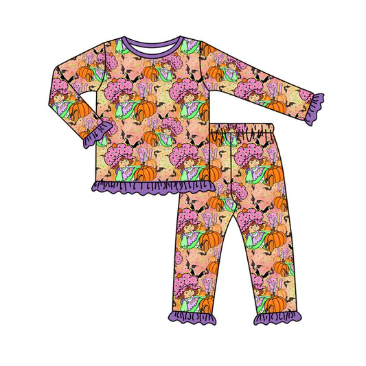 Preorder (moq 5)Baby Girls Purple Pumpkins Bats Top Ruffle Pant Halloween Pajamas Set 8.1