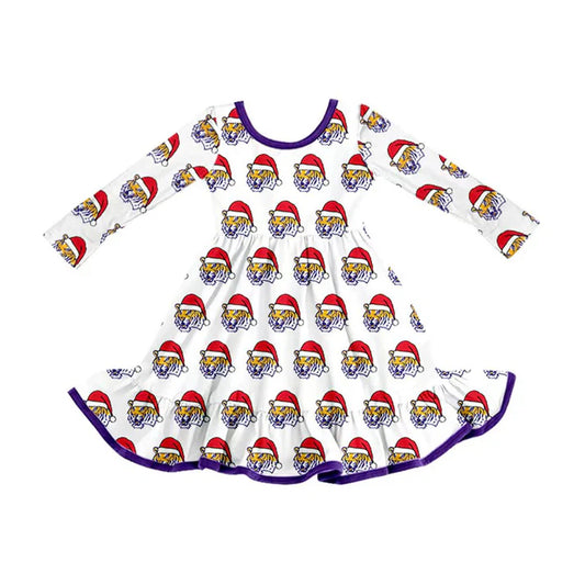 Preorder (moq 5)Baby Girls LSU Tiger Team Christmas Ruffle Knee Length Dresses 8.11
