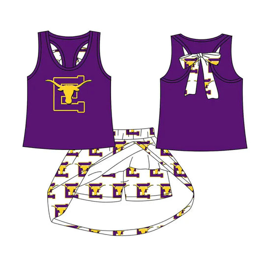 Preorder (moq 5)Baby Girls Purple Cow bow vest team Top Skirt Skort Sets 8.13