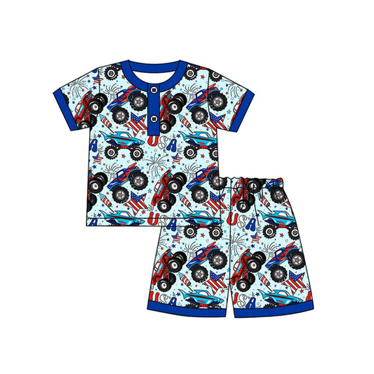 Preorder moq 5 Baby Boys Short Sleeves Stars Firework Button Top Shorts 4th Of July Pajamas Set 4.14