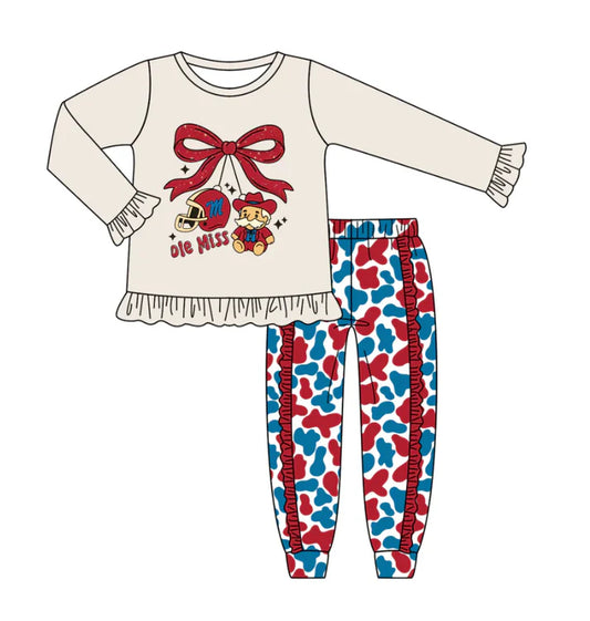 Preorder (moq 5)Baby Girls Grey Red Ole Miss Team Top Ruffle Pants Outfits Sets 8.11