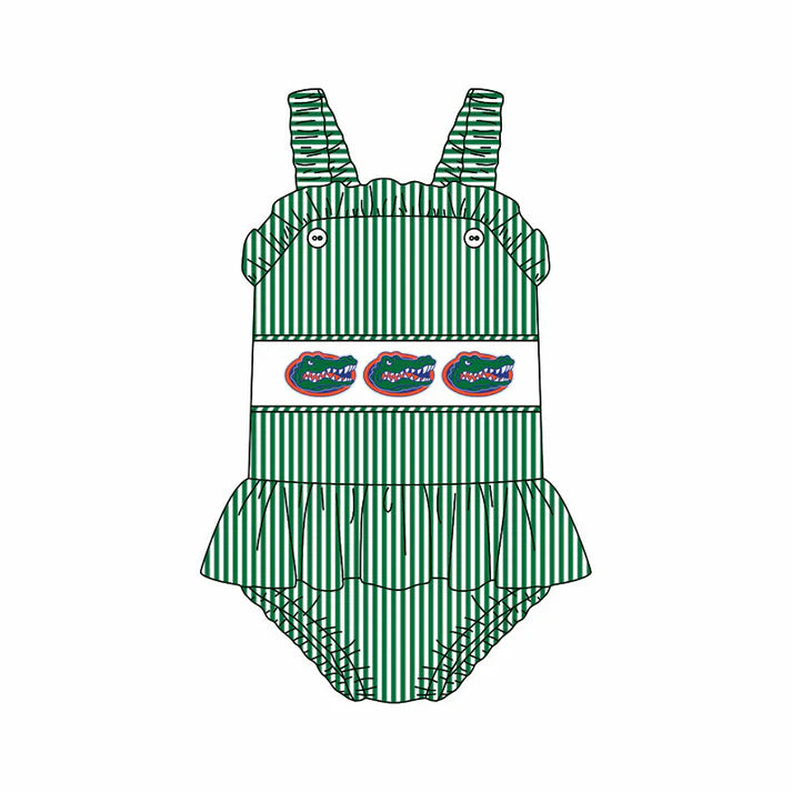 Preorder (moq 5)Baby Girls Strap Green Stripe Crocodiles Tunic Bummies Team Rompers 12.29