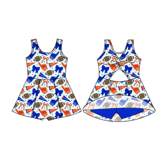 Preorder (moq 5)Baby Girls Sleeveless Orange Blue Bows Footballs Shorts Team Knee Length Dress 7.17