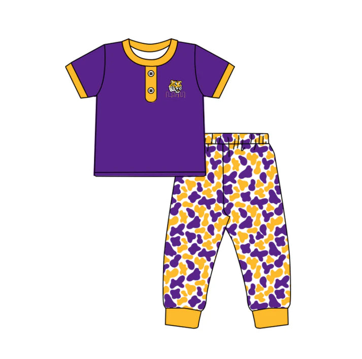 Preorder (moq 5)Baby Boys Purple LSU Tiger Button Top Camo Pants Team Clothes Sets 11.25