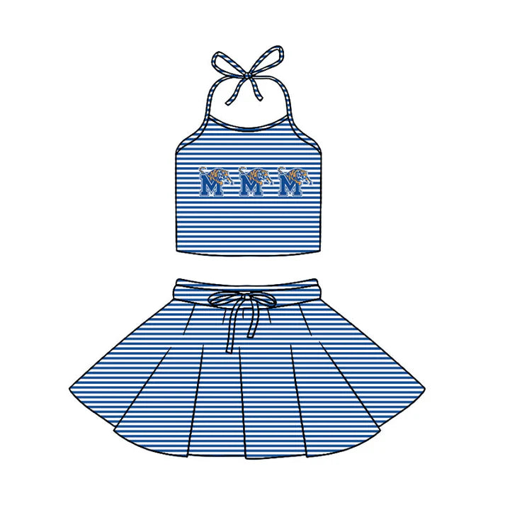 Preorder (moq 5)Baby Girls Strap Blue Stripe M Tigers Vest Top Skirt Shorts 2 Piece Team Swimsuits 12.29