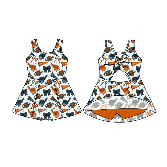Preorder (moq 5)Baby Girls Sleeveless Orange Navy Bows Footballs Shorts Team Knee Length Dress 7.17