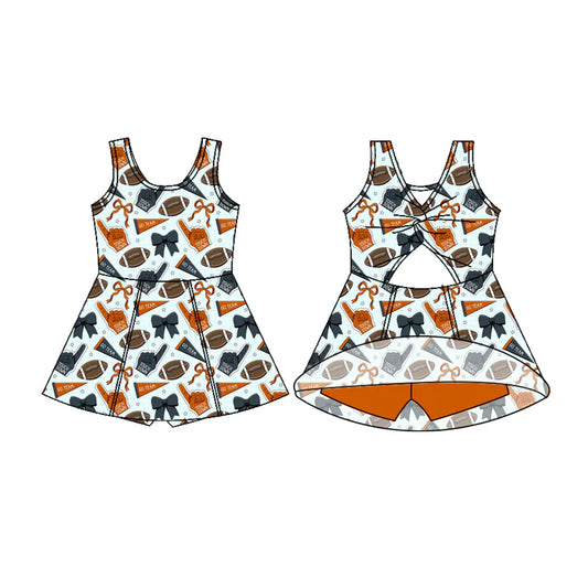 Preorder (moq 5)Baby Girls Sleeveless Orange Navy Bows Footballs Shorts Team Knee Length Dress 7.17