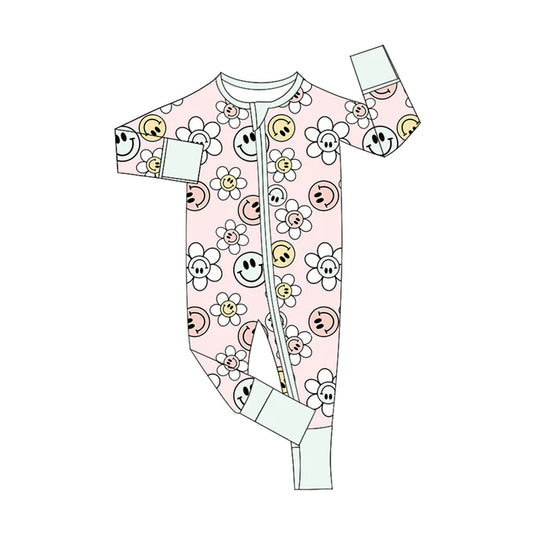 Preorder (moq 5)Baby Girls Pink Long Sleeves Smiles Flowers Zipper Rompers 5.16