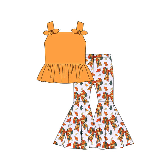 Preorder moq 5 Baby Girls Orange Strap Bows Tunic Bows Leaves Bell Bottom Pants Set 4.30