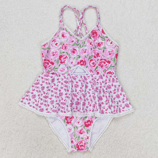 Baby Girls Swimsuits Pink Rose Flowers Ruffle One Piece Swimsuits S0247