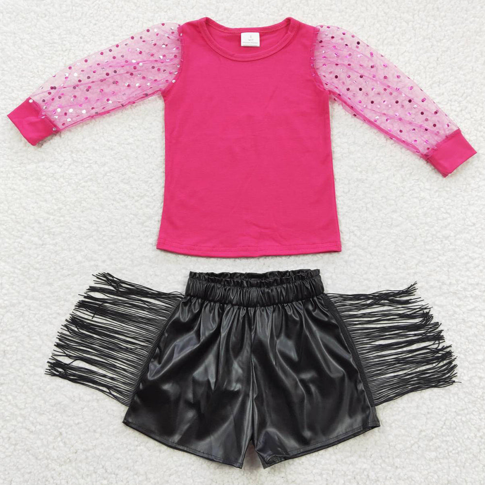 Boutique Baby Girls Clothes Hotpink Top Tassel Leather Shorts Sets GSSO0334