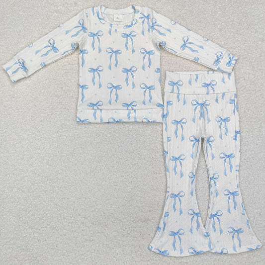 Baby Girls Clothes Blue Bows Cable Print Shirt Bell Pants Clothes Sets GLP2143