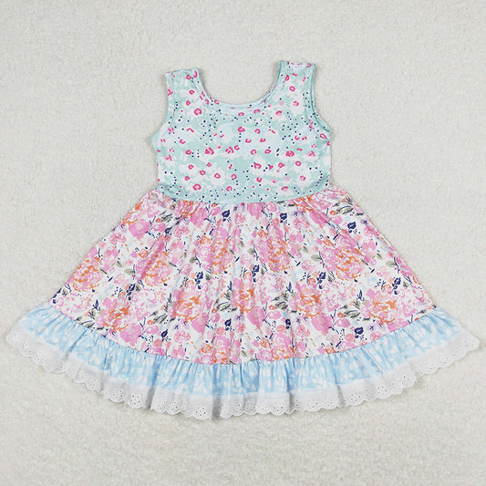 Hot Sale Baby Girls Dress Sleeveless Floral Pink Lace Ruffle Knee Length Dresses GSD0861